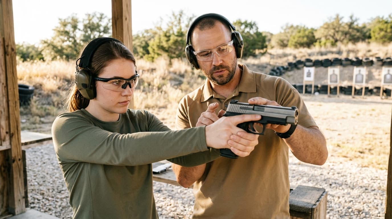 A female student and instructor practicing safe grip during firearm training for women at an outdoor range.